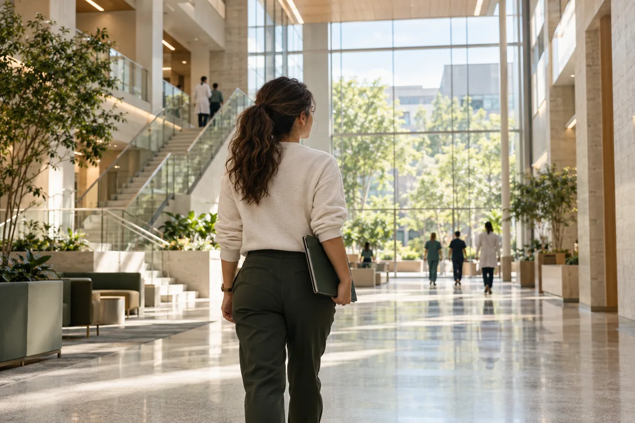 An aspiring physician walking through a bright academic medical center
